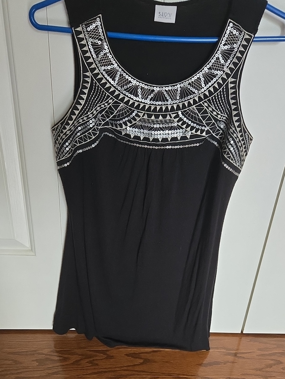 Black Sleeveless Embellished Neckline Tank Top